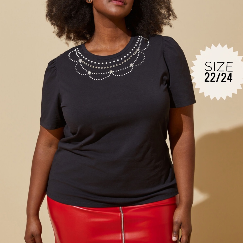 Plus ASHLEY STEWART Black Embellished Faux Pearls. Puff Sleeved Tee 22/24